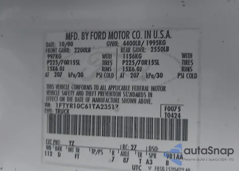 2001 Ford Ranger Xl/Xlt z USA, uszkodzony, nr VIN 1FTYR10C61TA23517